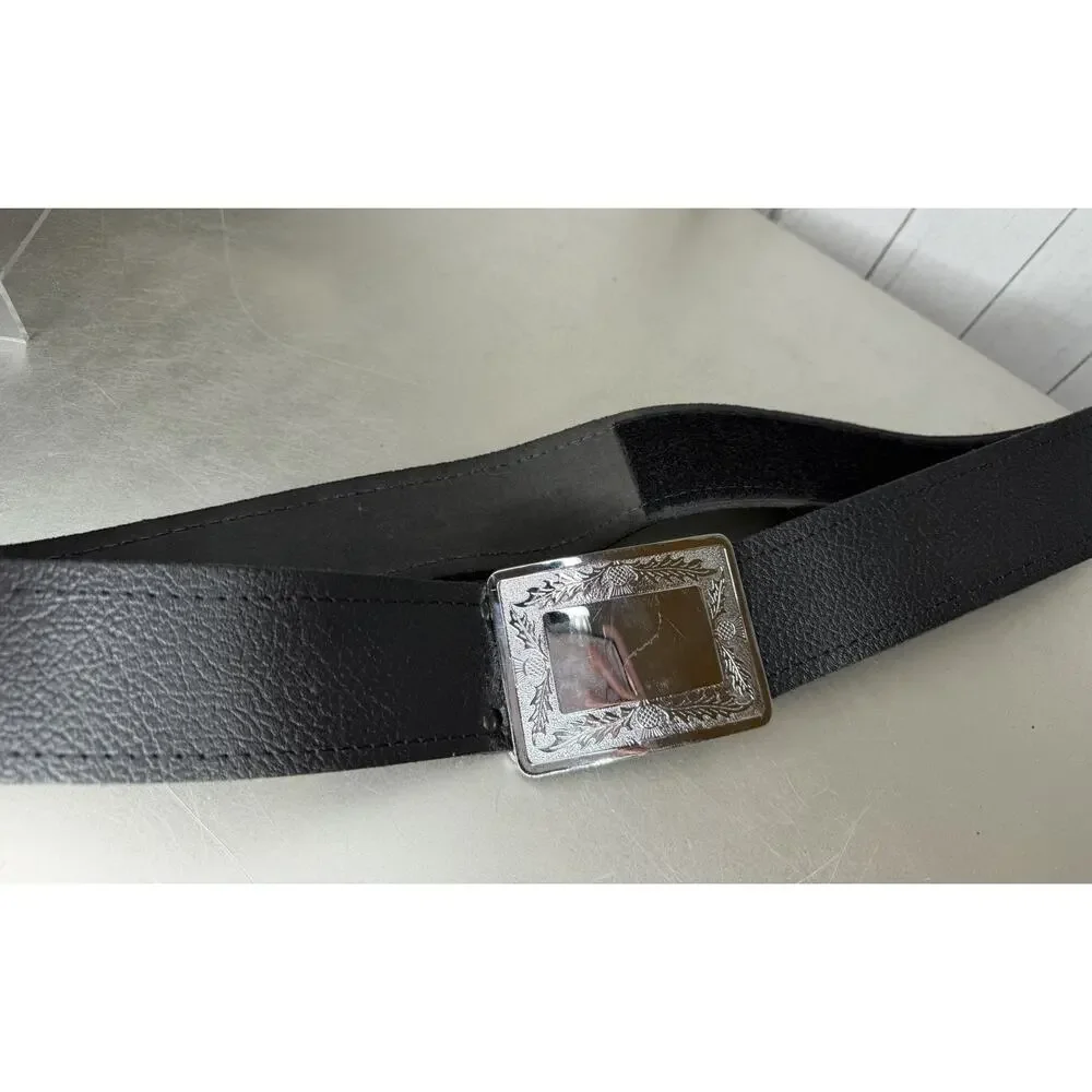 Black KILT Leather BELT SCOTTISH THISTLE SILVER BUCKLE Size Large XL Highland